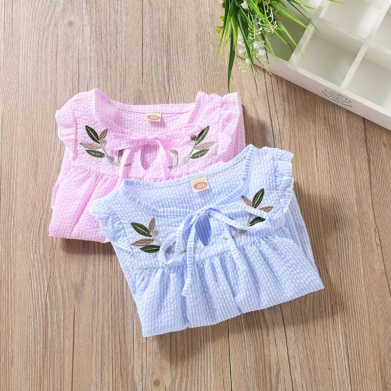 Girls Cotton Embroidered Long Sleeve Shirt Blue Pink 90cm