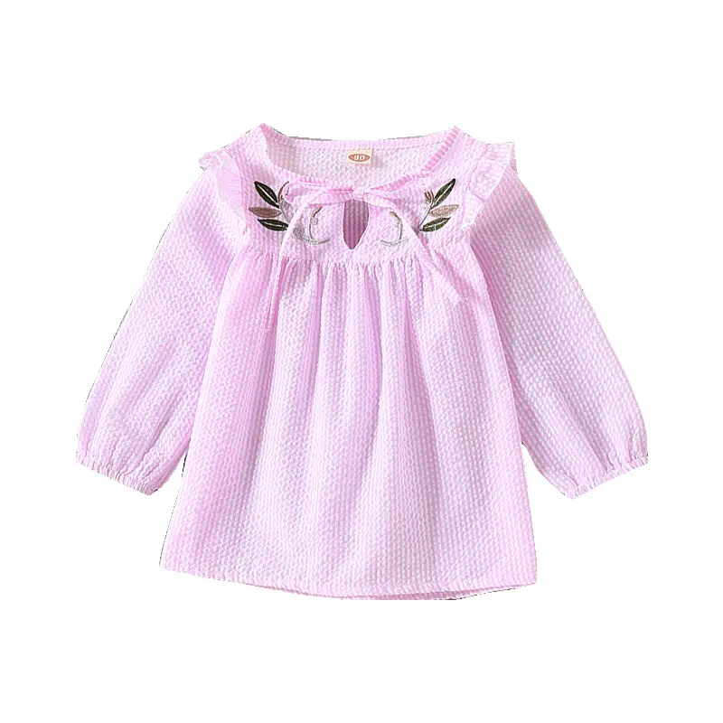 Girls Cotton Embroidered Long Sleeve Shirt Blue Pink 90cm