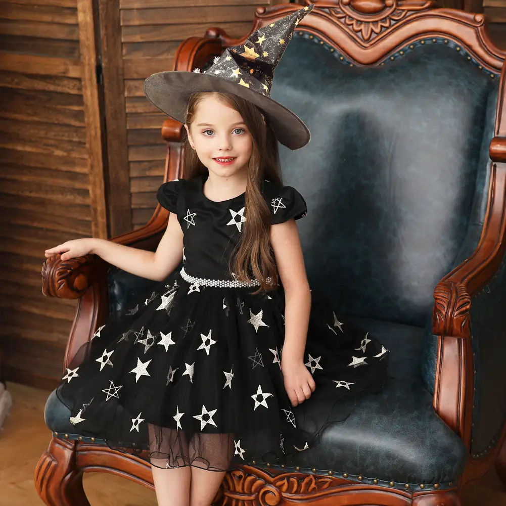 Kids Purple Starry Witch Dress Halloween Party Costume