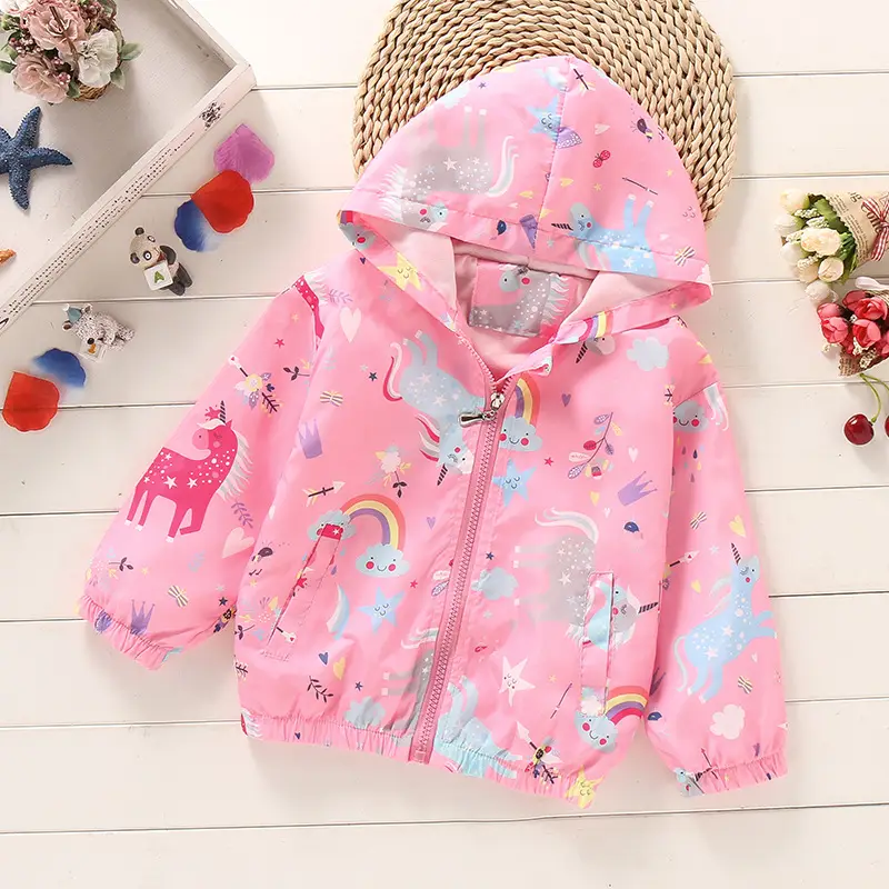 Girls Unicorn Windbreaker Jacket Pink Blue Autumn Outdoor