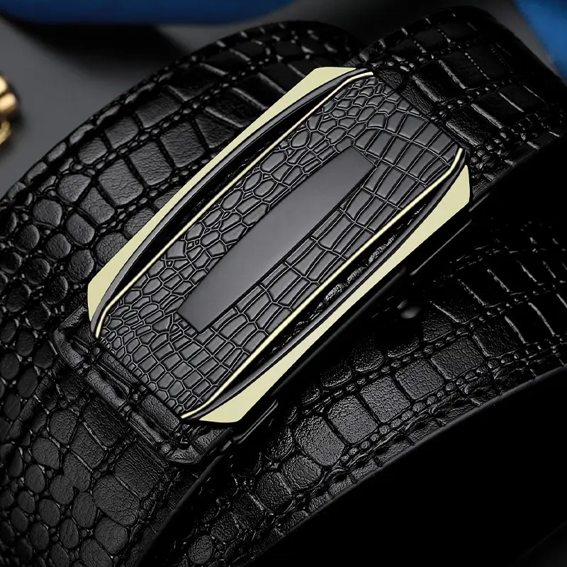 Men Crocodile Skin Belt Black Gold Buckle