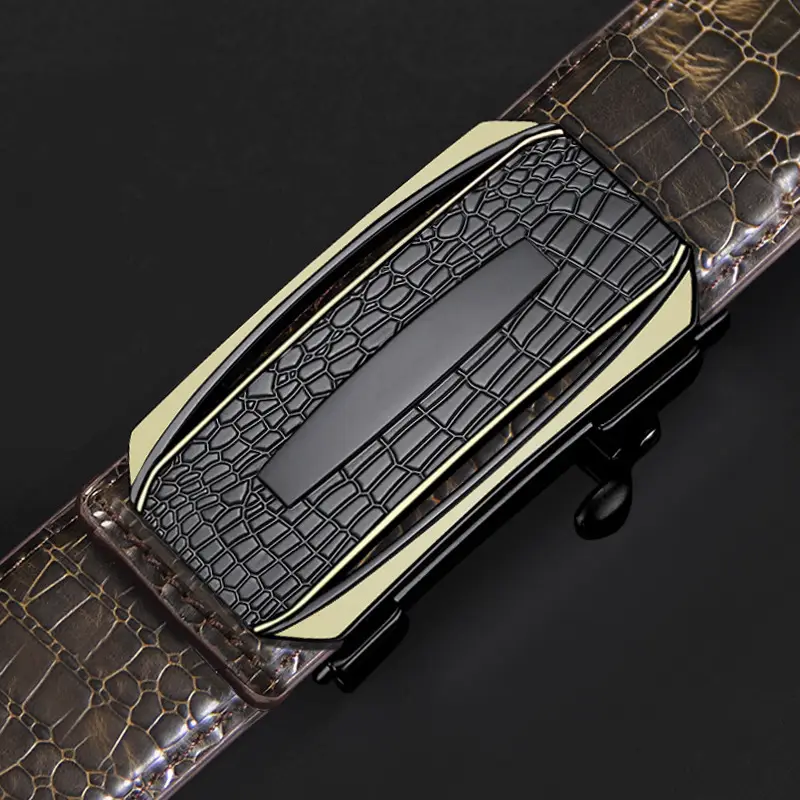 Men Crocodile Skin Belt Black Gold Buckle