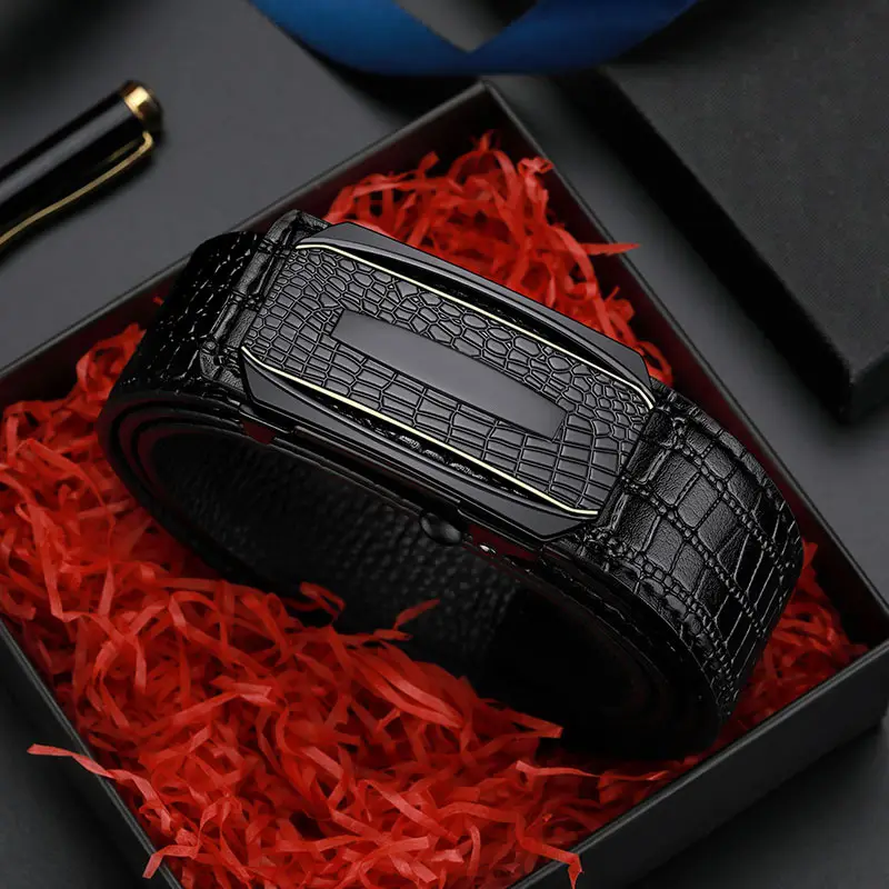 Men Crocodile Skin Belt Black Gold Buckle