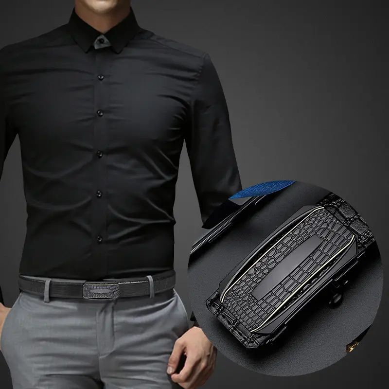 Men Crocodile Skin Belt Black Gold Buckle