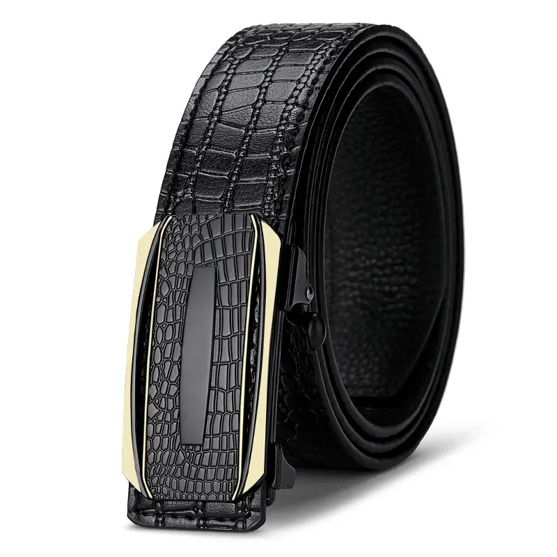 Men Crocodile Skin Belt Black Gold Buckle