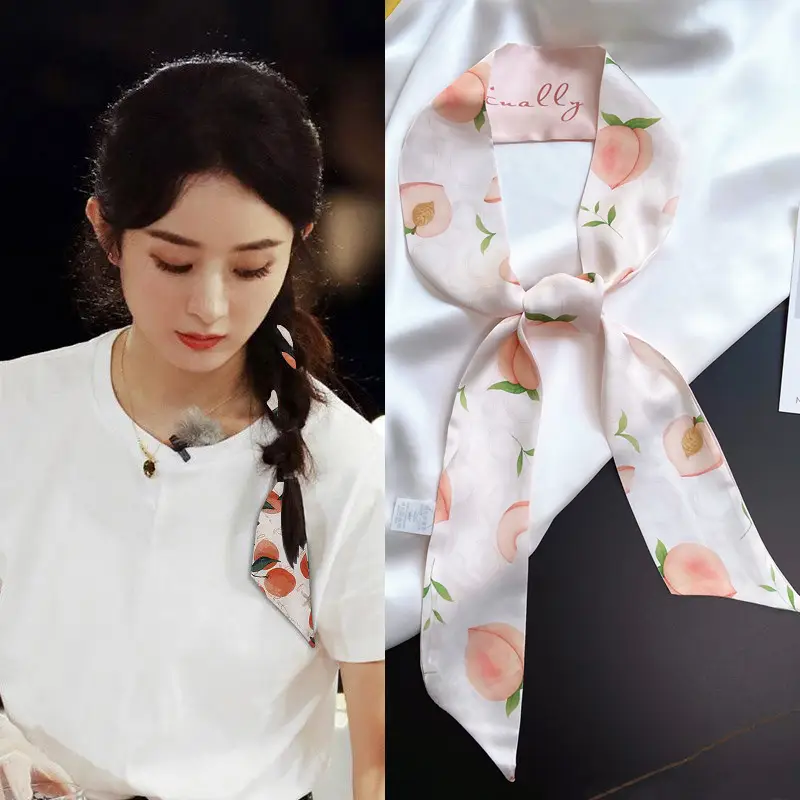Zhao Liying Style Fruit Print Hair Scarf Light Blue Orange Small