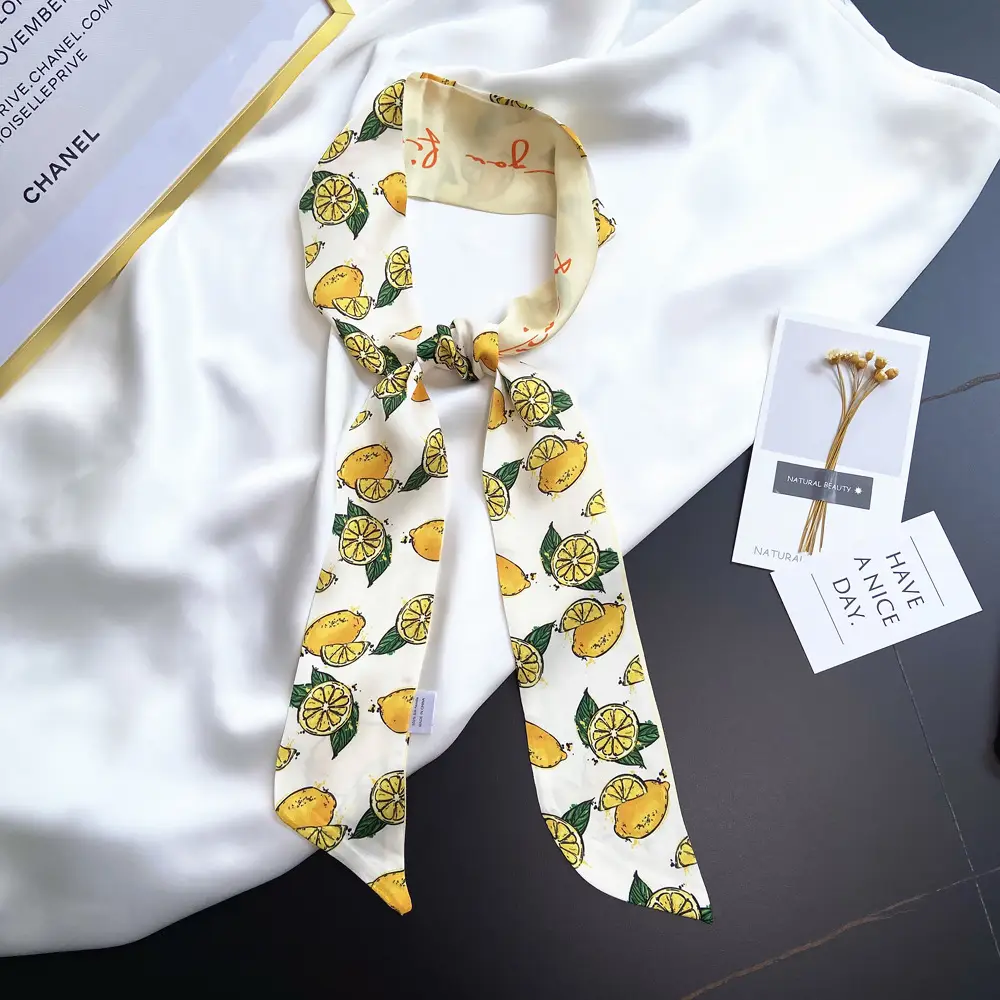 Zhao Liying Style Fruit Print Hair Scarf Light Blue Orange Small