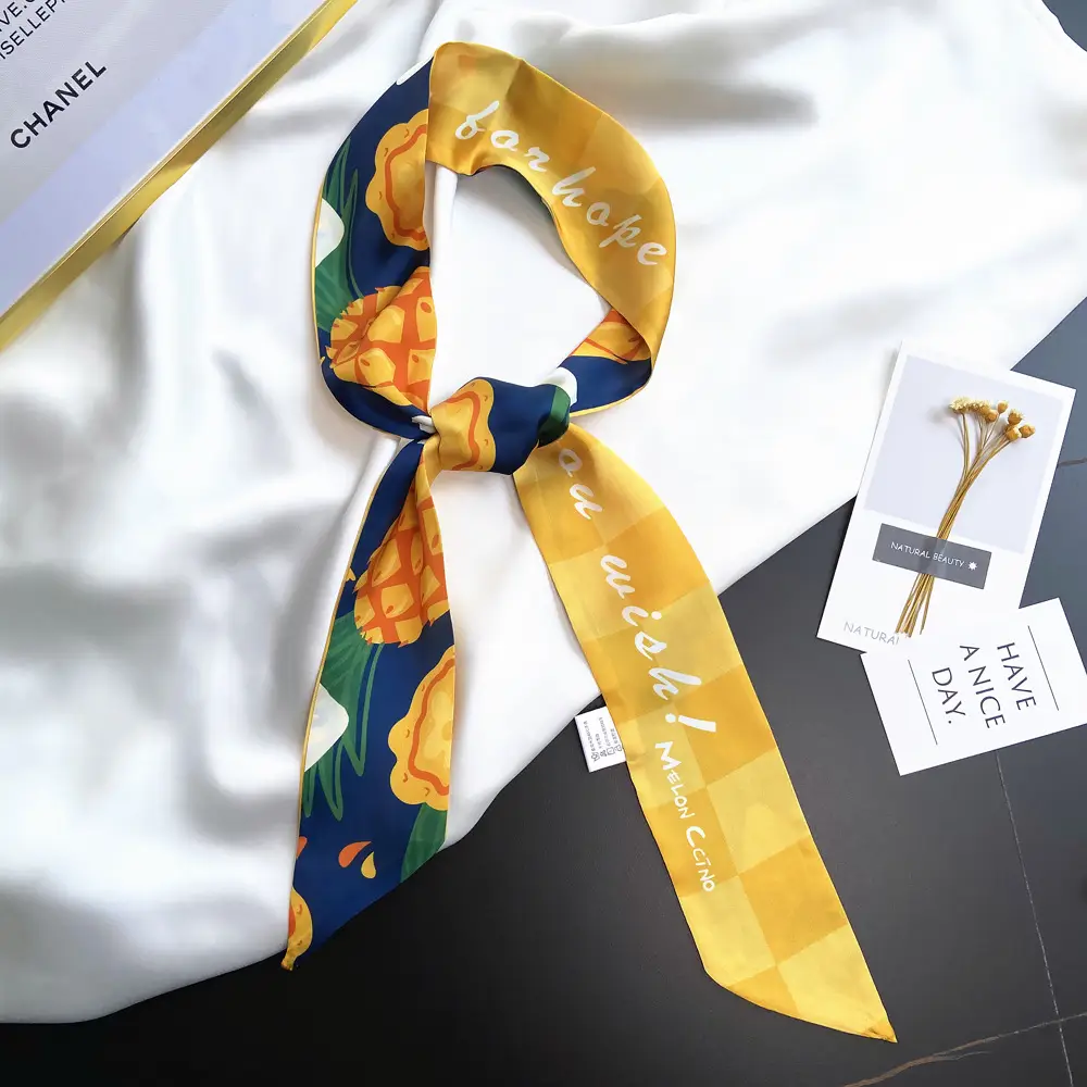 Zhao Liying Style Fruit Print Hair Scarf Light Blue Orange Small