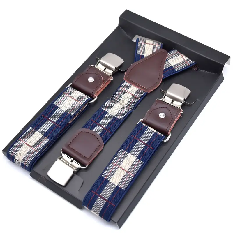 Men Red Plaid Wide Elastic Suspenders Business Formal