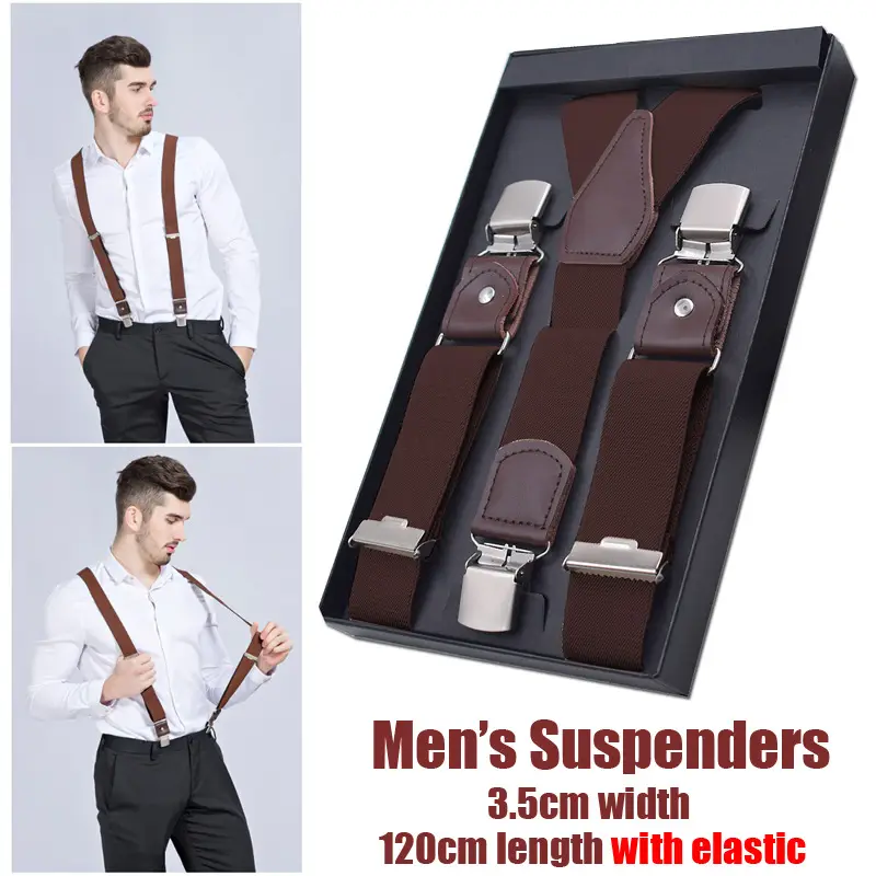 Men Red Plaid Wide Elastic Suspenders Business Formal