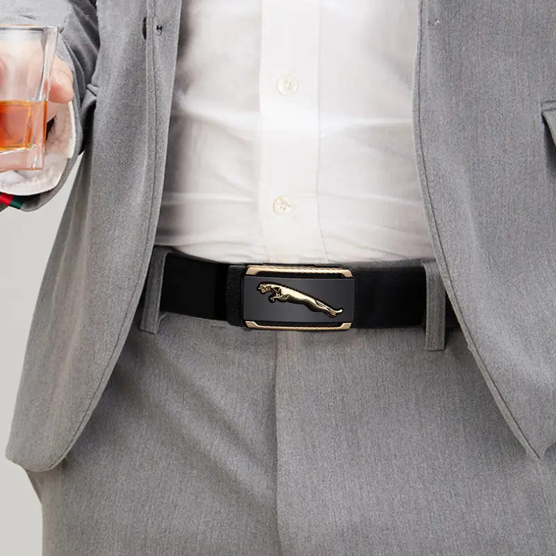 Men's Genuine Leather Automatic Buckle Belt Black Gold