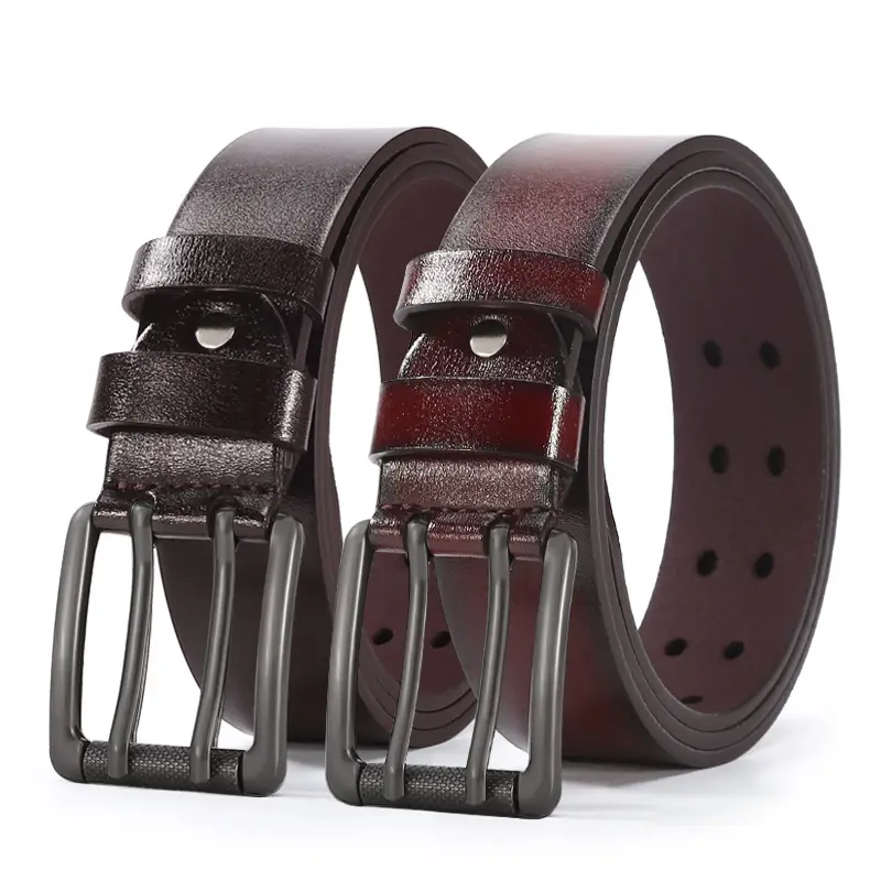 Men Leather Belt with Double Buckle Brown 120cm