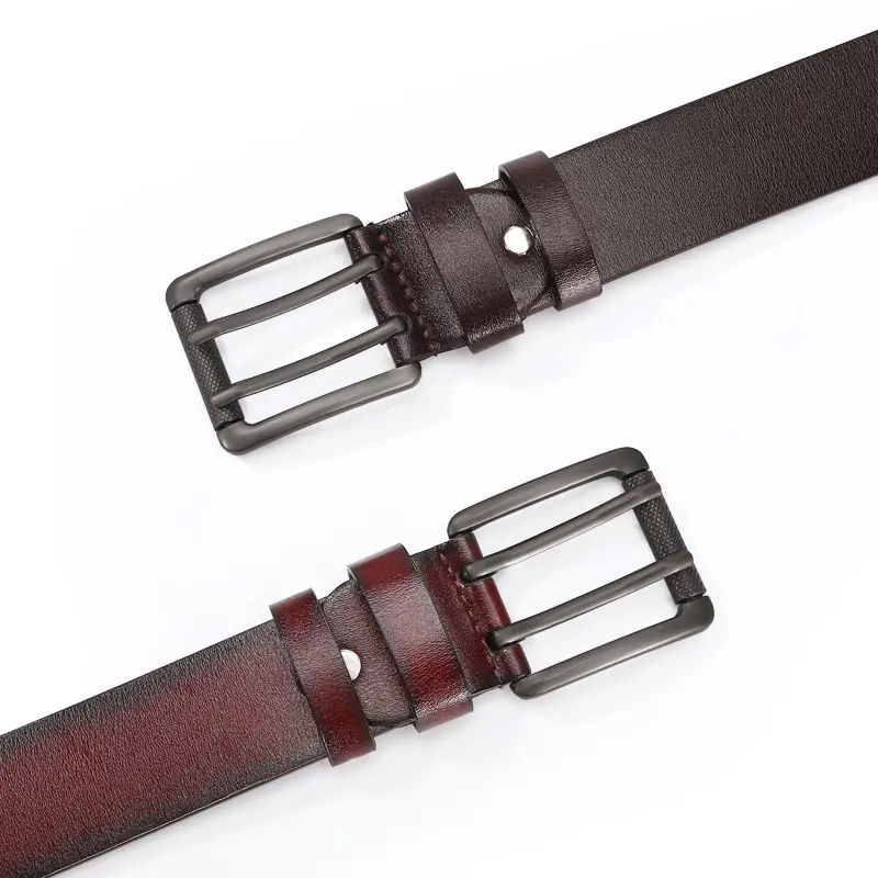 Men Leather Belt with Double Buckle Brown 120cm