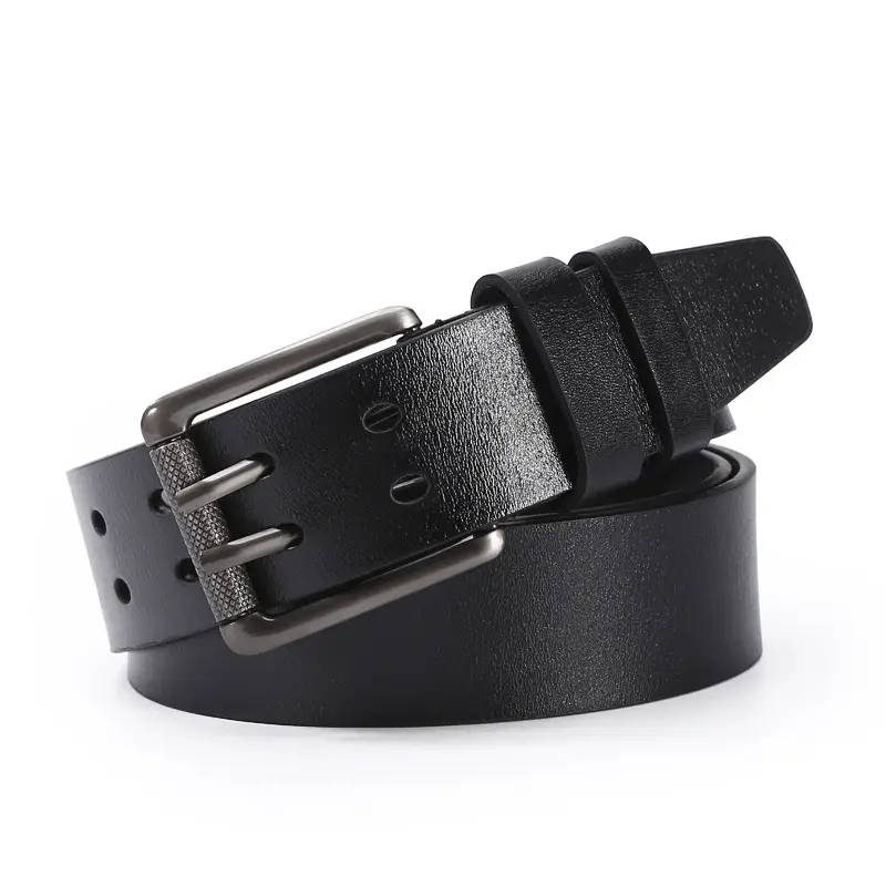 Men Leather Belt with Double Buckle Brown 120cm