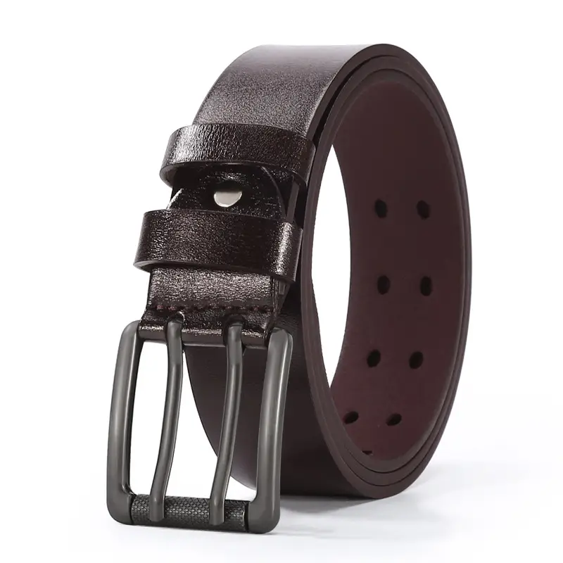 Men Leather Belt with Double Buckle Brown 120cm