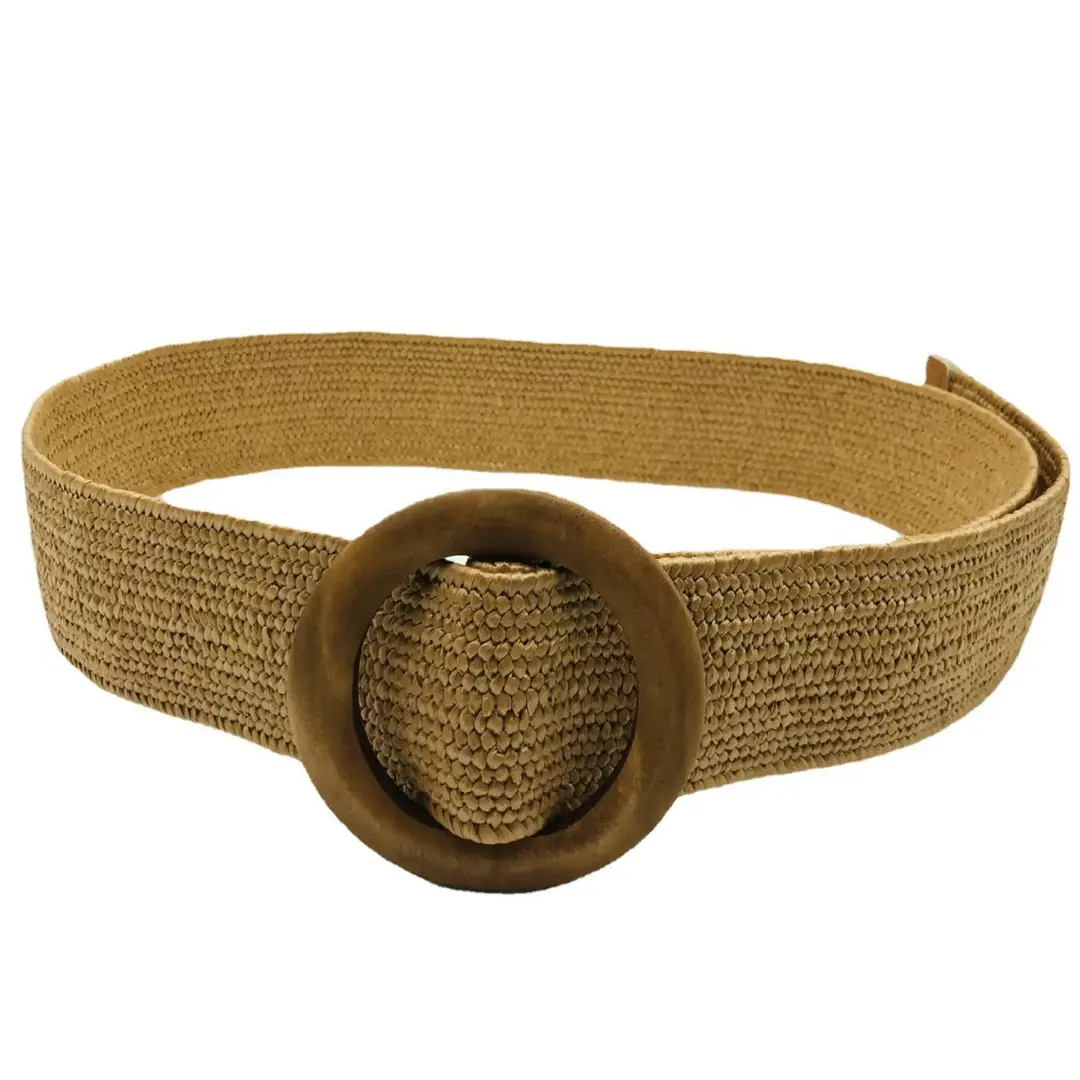 Women Elastic Woven Belt with Wooden Rings Orange