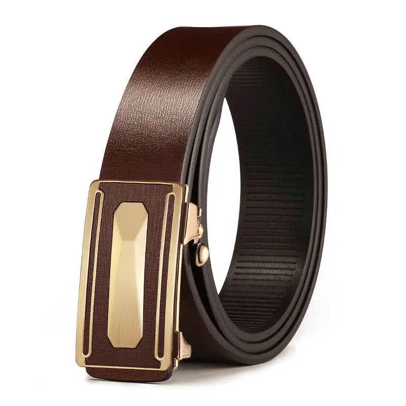 Men Automatic Buckle Leather Belt Brown Gold