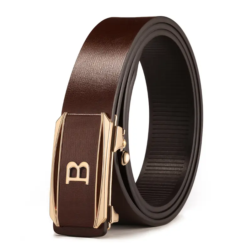 Men Brown Cowhide Belt with Gold Buckle