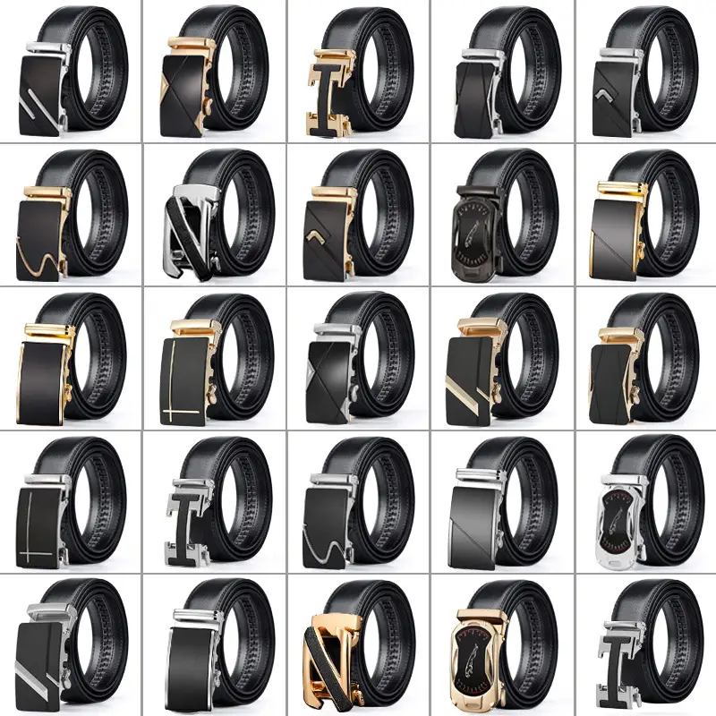 Men Genuine Leather Automatic Buckle Belt Black Gold