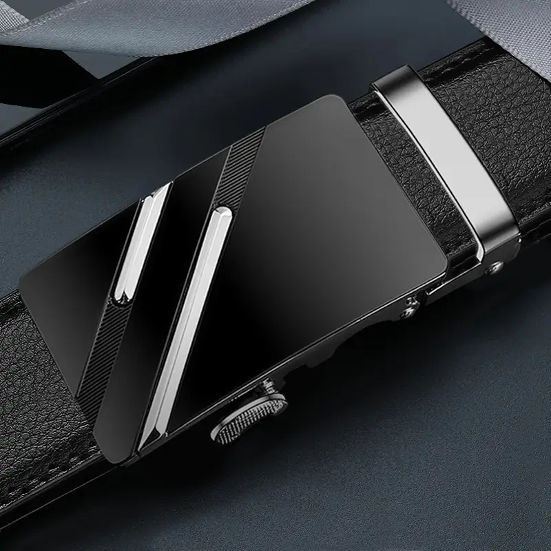 Men Genuine Leather Automatic Buckle Belt Black Gold