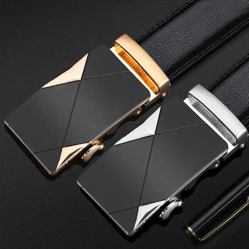 Men Genuine Leather Automatic Buckle Belt Black Gold