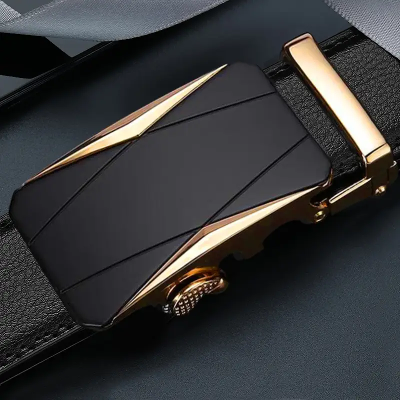 Men Genuine Leather Automatic Buckle Belt Black Gold