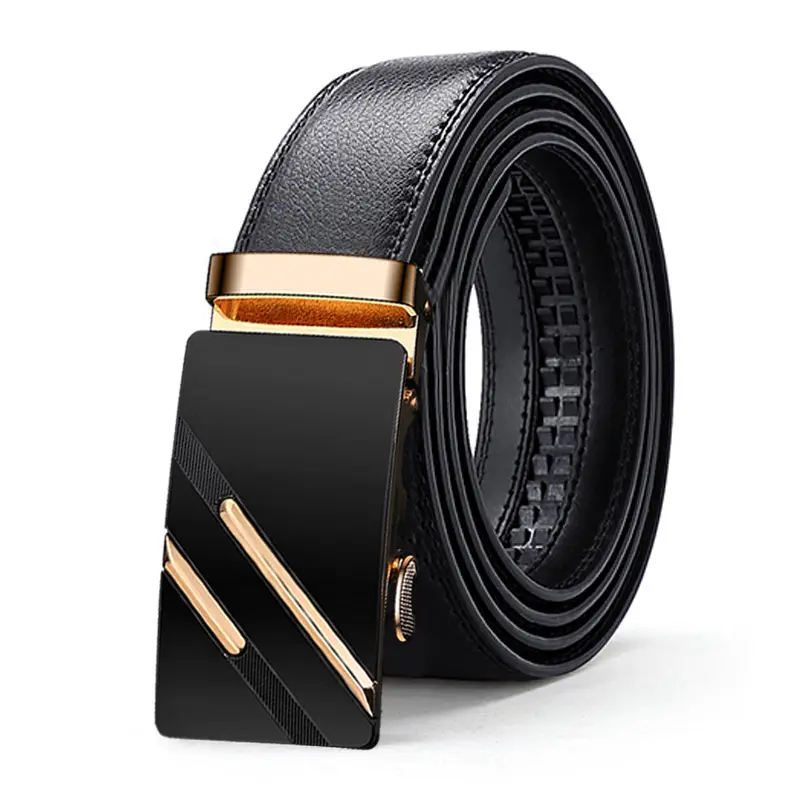 Men Genuine Leather Automatic Buckle Belt Black Gold