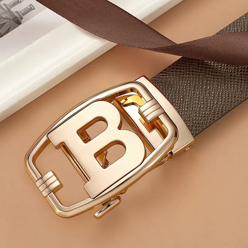 Men Leather Automatic Buckle Belt Curry Gold Buckle