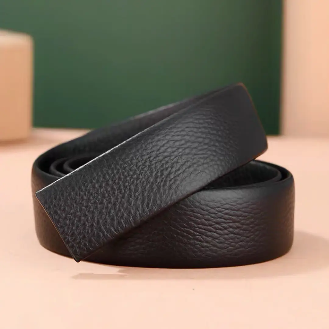 Men Black Leather Headless Belt Automatic Buckle