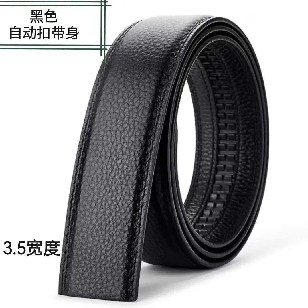 Men Black Leather Headless Belt Automatic Buckle