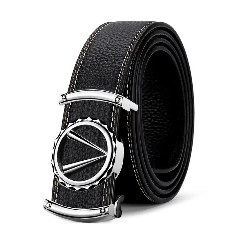Men Leather Belt Black Gold Buckle Casual Business