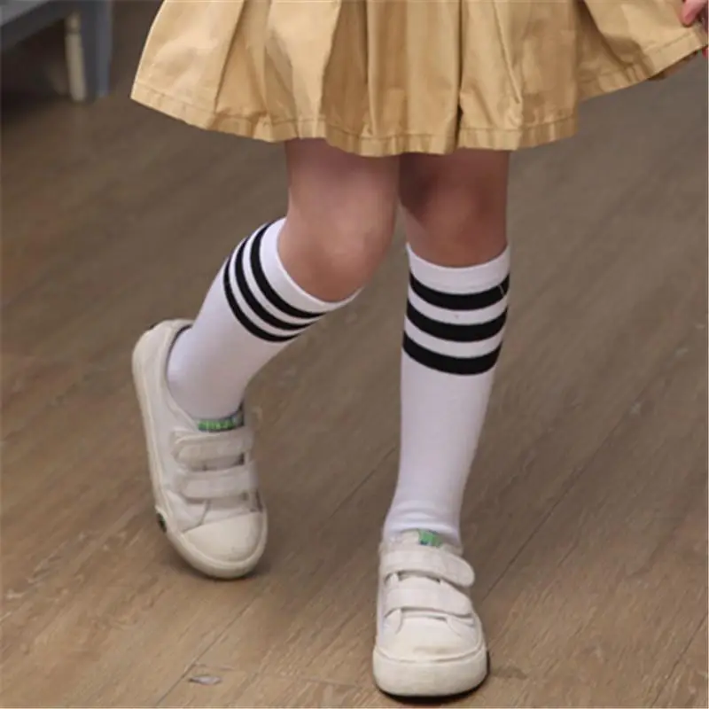 White Striped Cotton Mid-Calf Socks for Girls