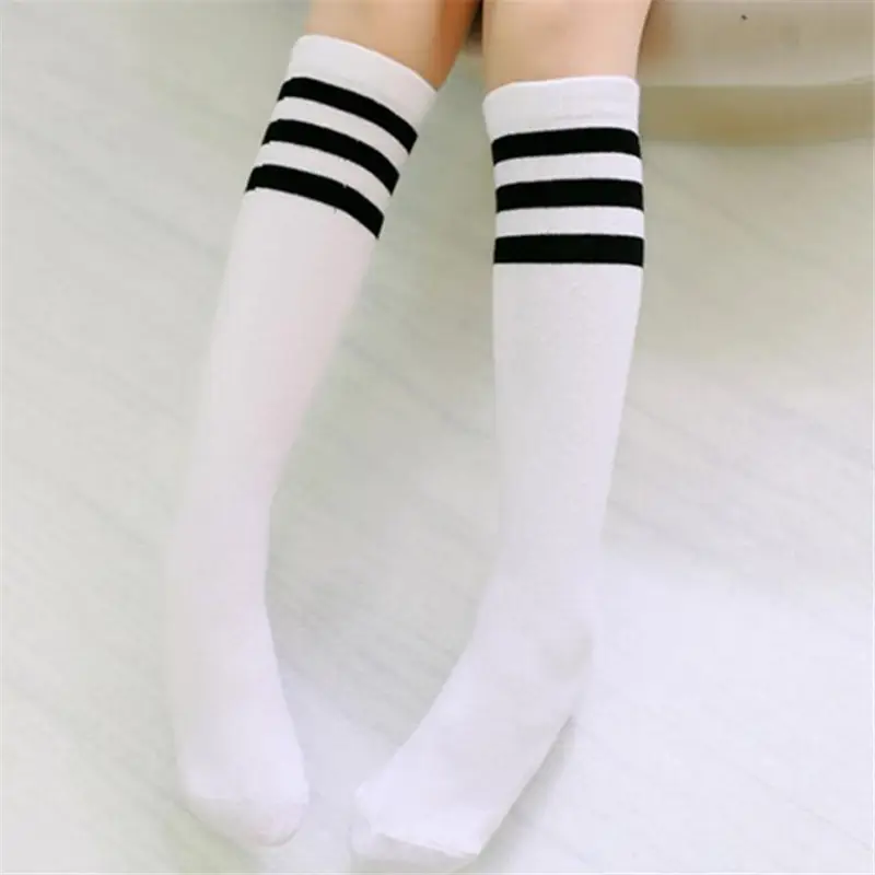 White Striped Cotton Mid-Calf Socks for Girls