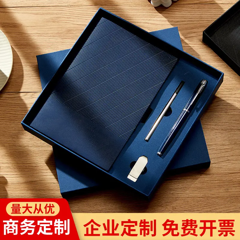 Customizable Dark Blue Business Notebook Gift Set with Pen & Clip