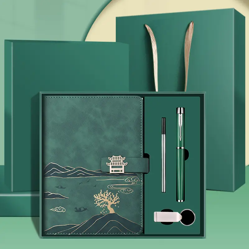 High-End Green Leather Notebook Gift Set with Pen