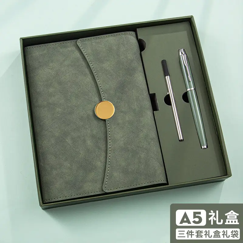 A5 Green Leather Notebook Set with Pen & Clip