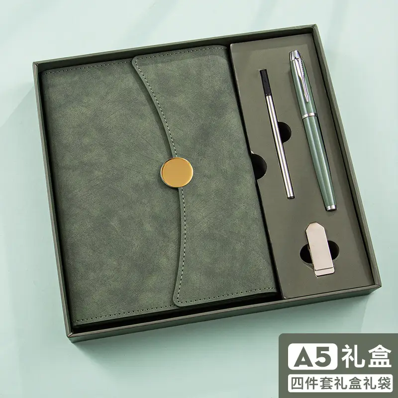 A5 Green Leather Notebook Set with Pen & Clip