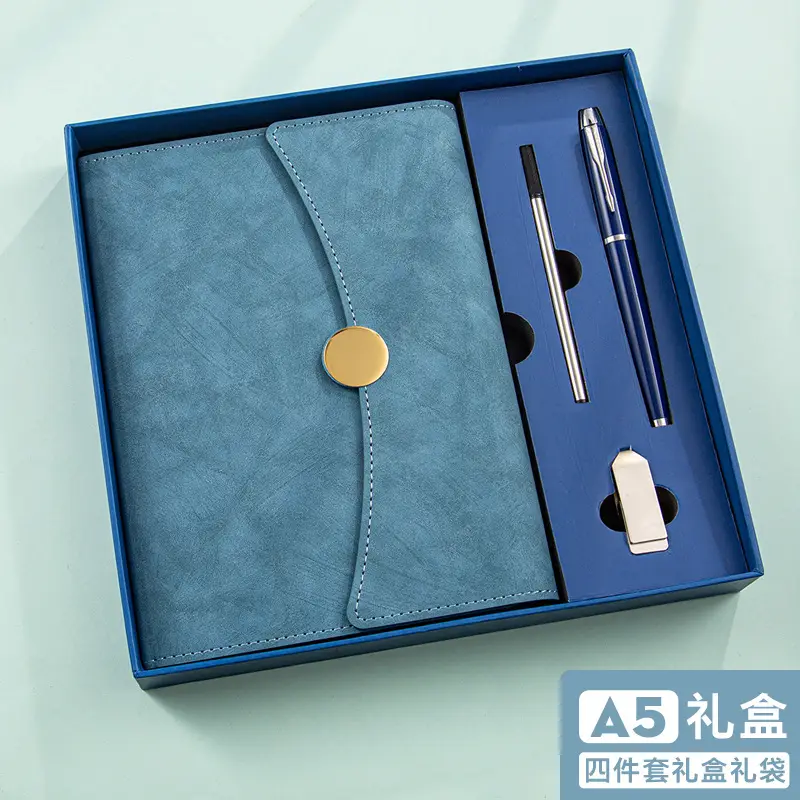 A5 Green Leather Notebook Set with Pen & Clip