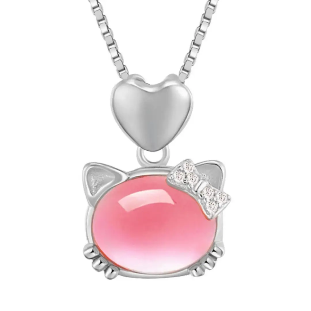 Rose Gold Cat Pendant Necklace for Women Pink Crystal Hibiscus