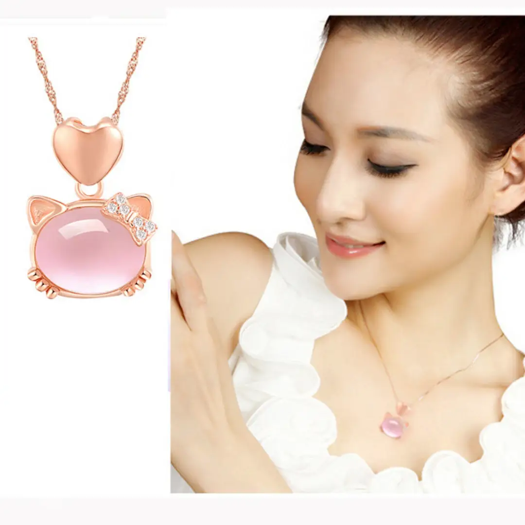 Rose Gold Cat Pendant Necklace for Women Pink Crystal Hibiscus