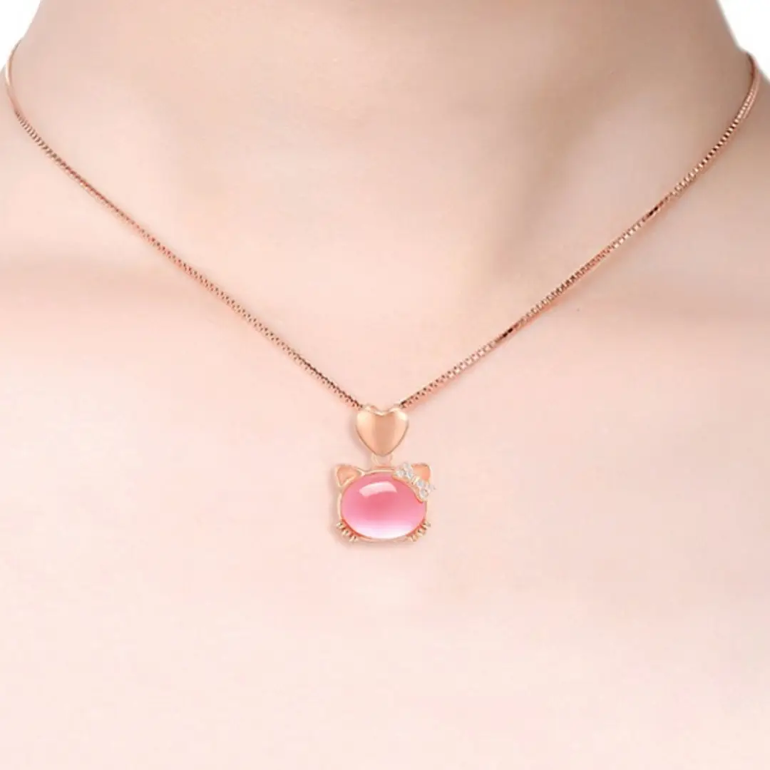 Rose Gold Cat Pendant Necklace for Women Pink Crystal Hibiscus