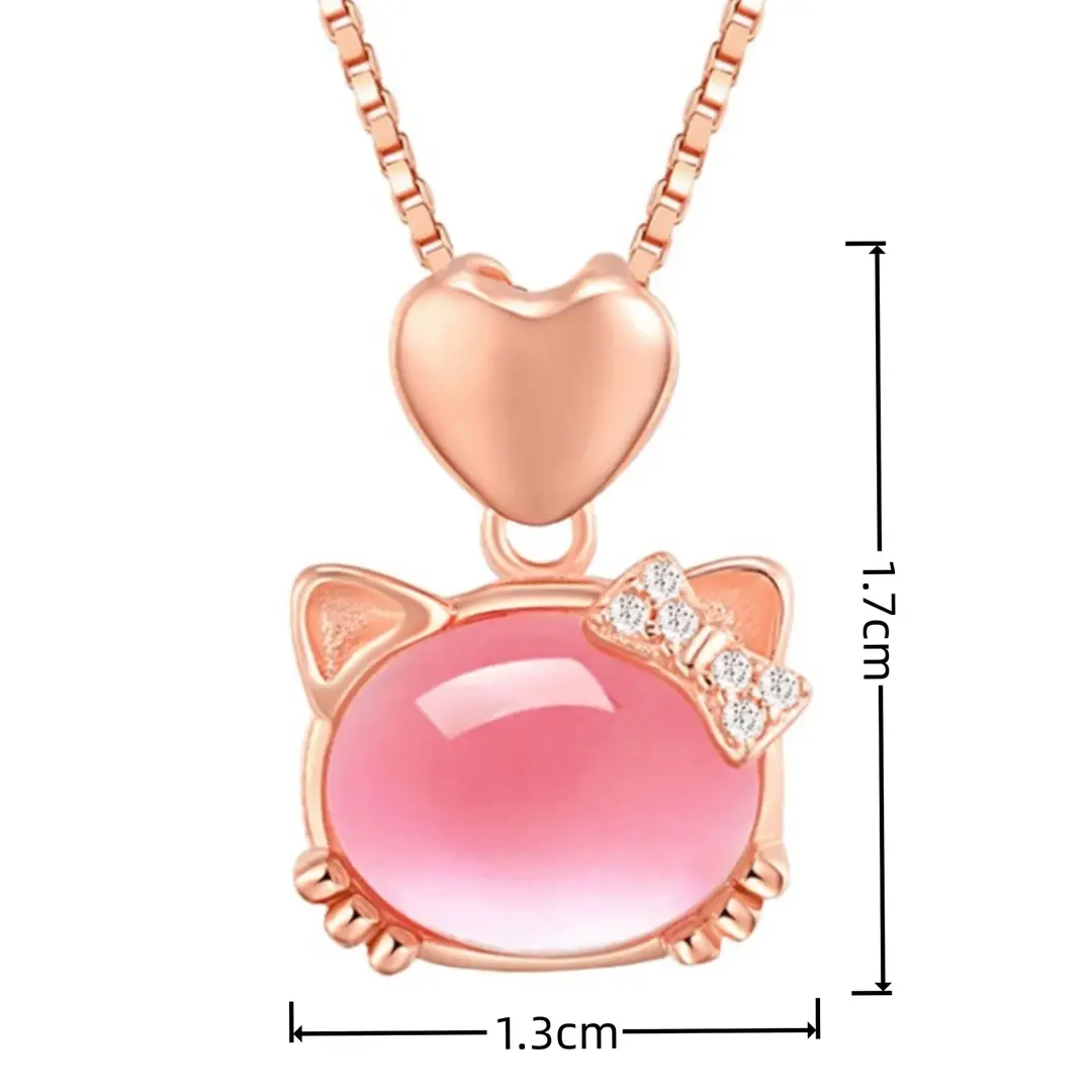Rose Gold Cat Pendant Necklace for Women Pink Crystal Hibiscus