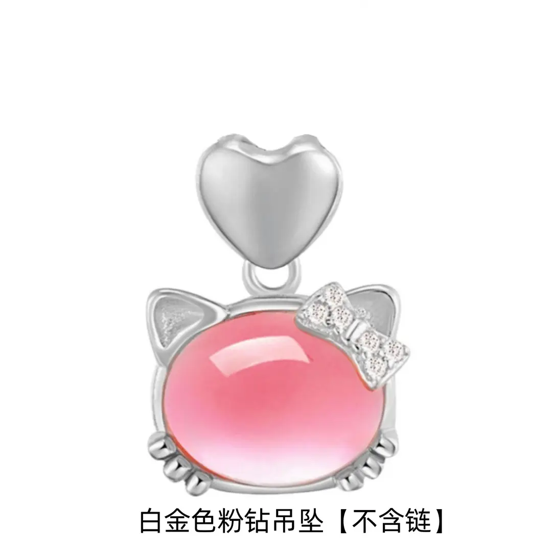 Rose Gold Cat Pendant Necklace for Women Pink Crystal Hibiscus