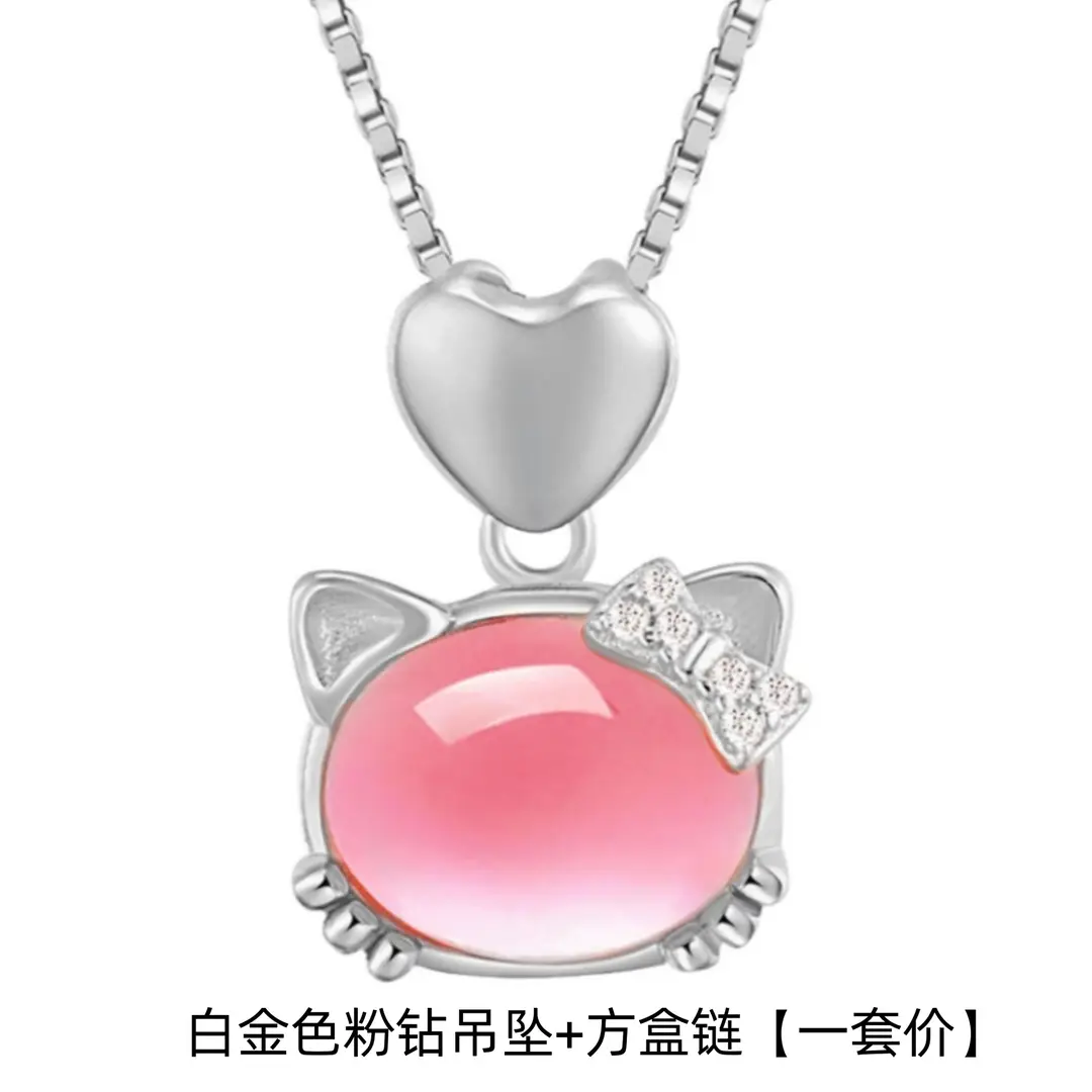 Rose Gold Cat Pendant Necklace for Women Pink Crystal Hibiscus