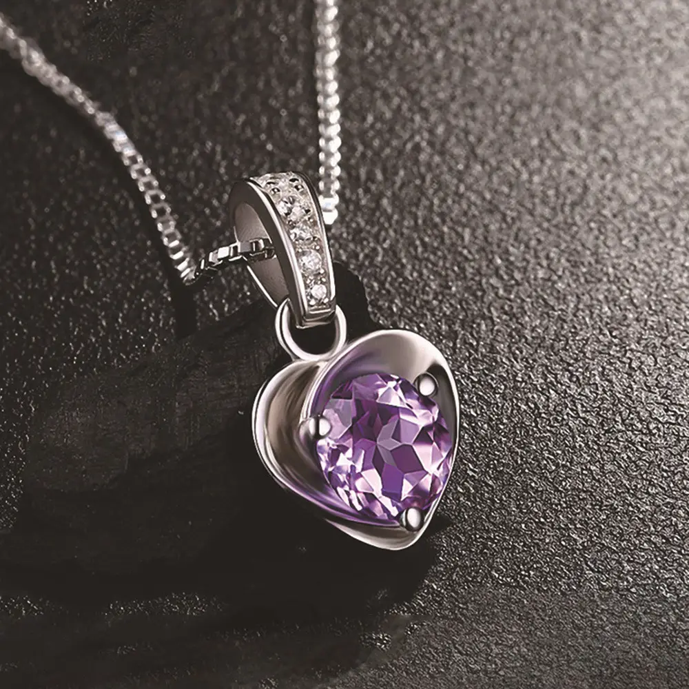 Purple Heart Crystal Necklace for Women Korean Style
