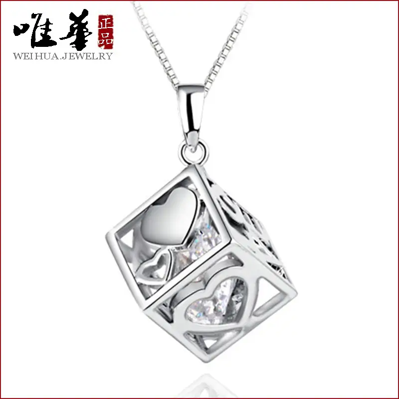Women Korean Style Rubik's Cube Pendant Necklace White Gold Plated