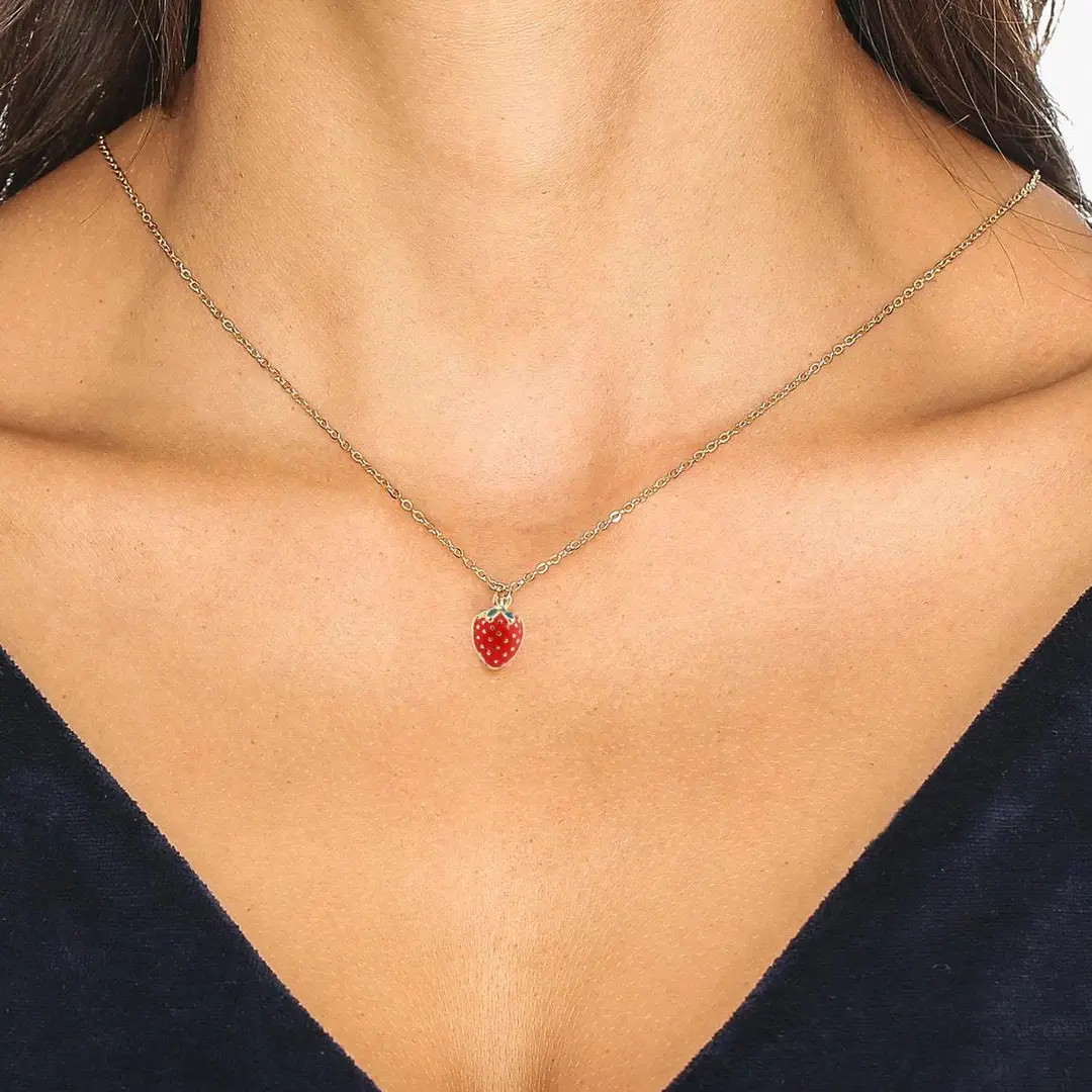 Women Red Strawberry Pendant Necklace