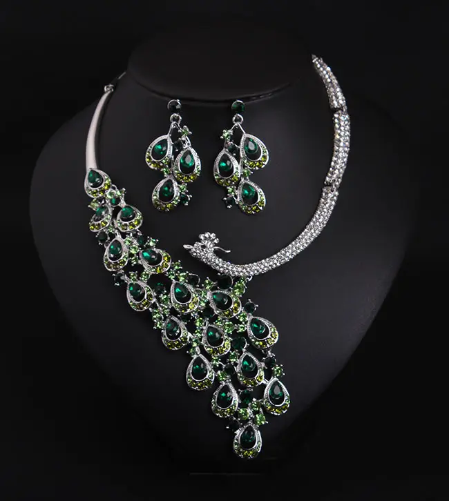 Exaggerated Crystal Peacock Necklace Earrings Set for Women