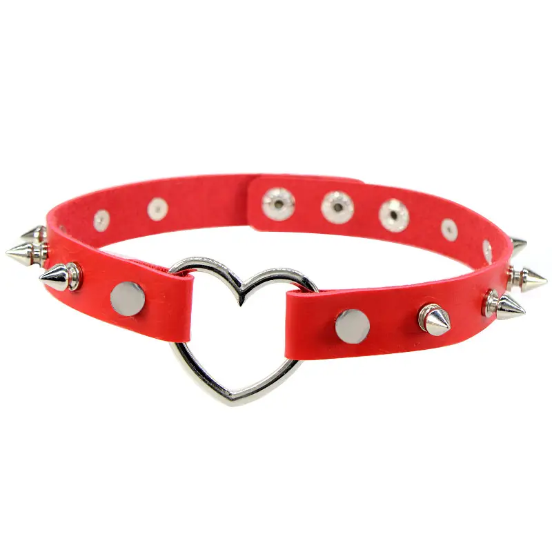 Women Spiked Heart Leather Choker Necklace Multi Color