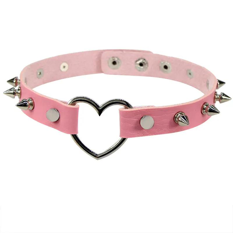 Women Spiked Heart Leather Choker Necklace Multi Color